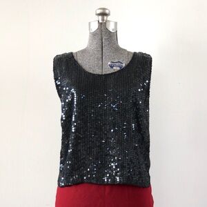 1980s Shimmer New York Boxy Black Silk Sequined Tank Sleeveless Shirt Size Small
